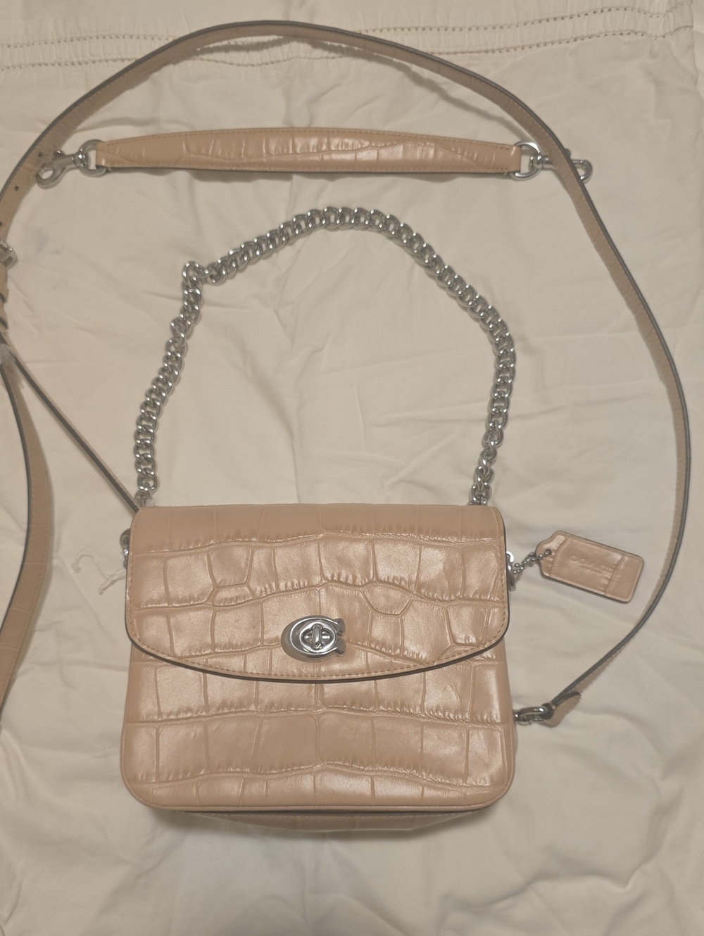 Coach Croc-Embossed Beige Leather Crossbody with Silver Chain